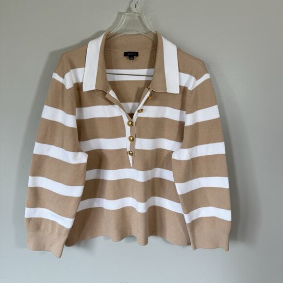 Talbots Sweater Collared Gold Buttons Pullover XL Tan White Striped Neutral New - Picture 2 of 6